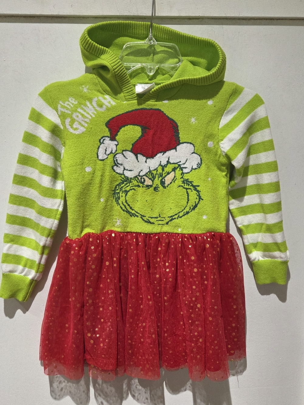 Girls' Green Grinch Hooded Dress with Red Tulle Skirt